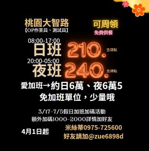 暑期學生🟧桃園後站大智路🎁日班210夜班240📌組裝員.作業員.伺服器❤️免費供餐(冷氣房)周休二日🟧可周領
